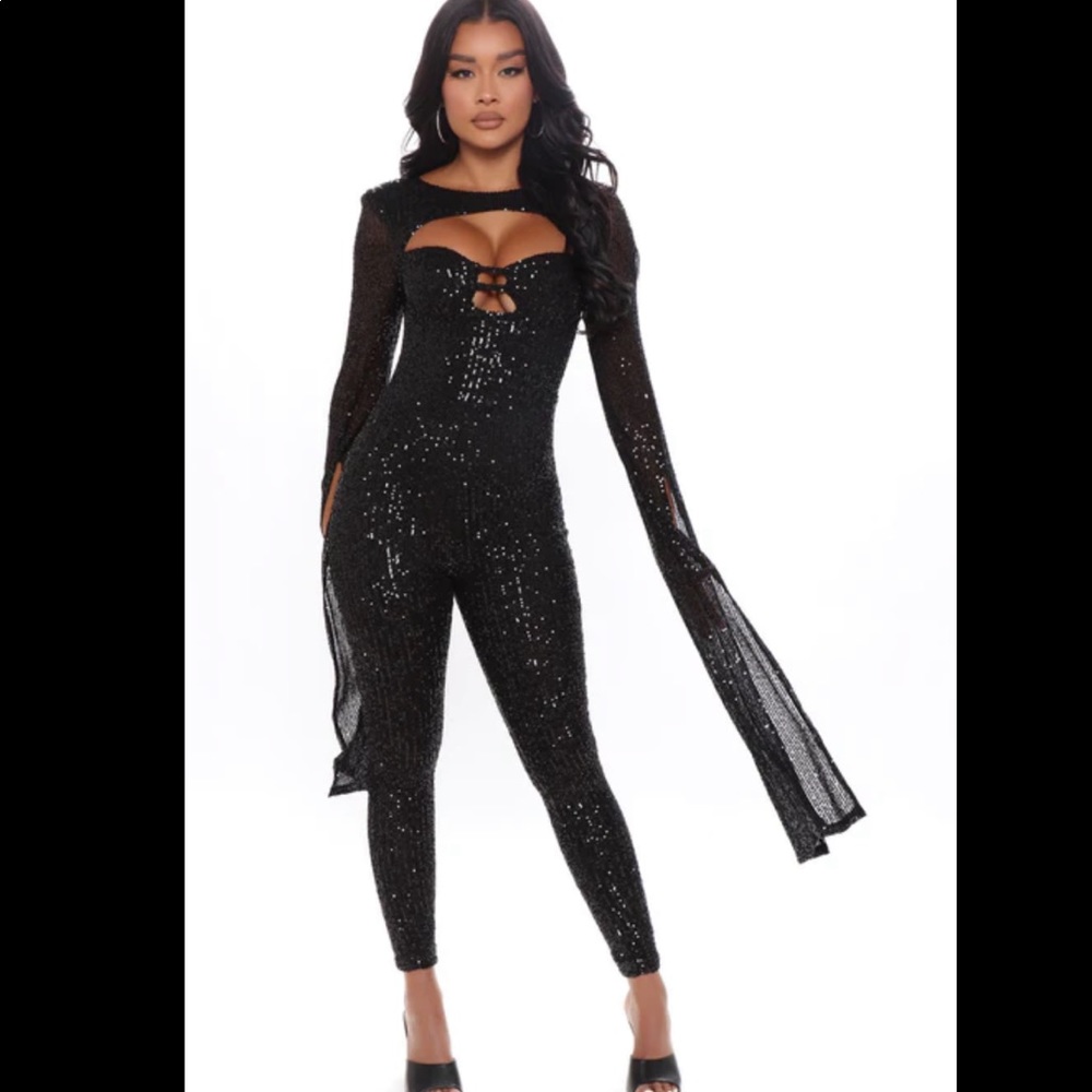 Fashion Nova Black Sequin Jumpsuit in Medium-Never Worn!